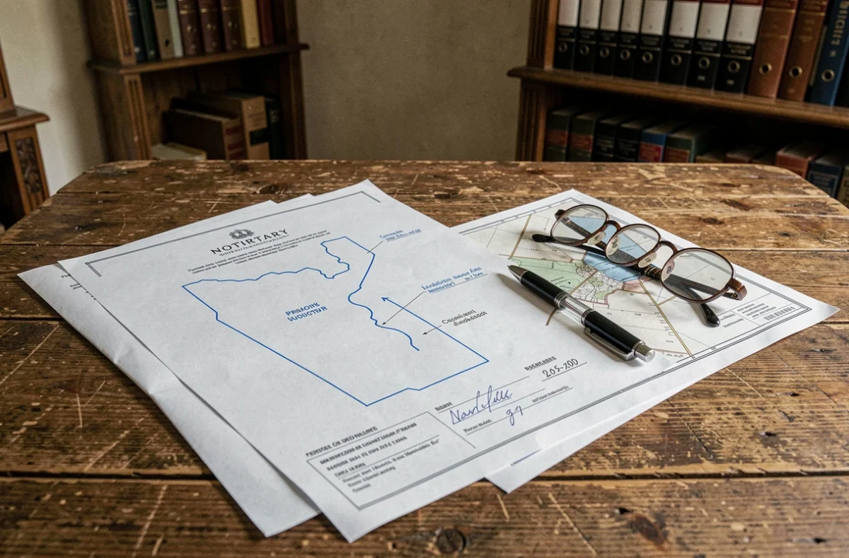 Documents cadastraux et carte foncière d'un lac privé posés sur une table de notaire en France