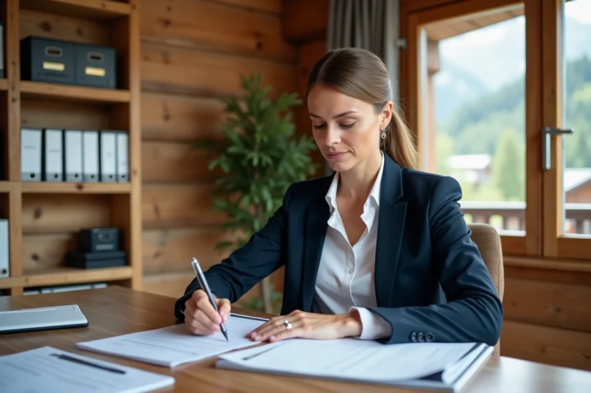 Femme consultant des documents officiels pour la vente d'un chalet en PRL dans un bureau en bois