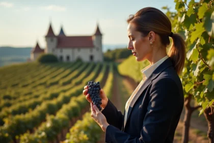 Femme professionnelle examinant des raisins dans un vignoble bordelais avec un château historique en arrière-plan