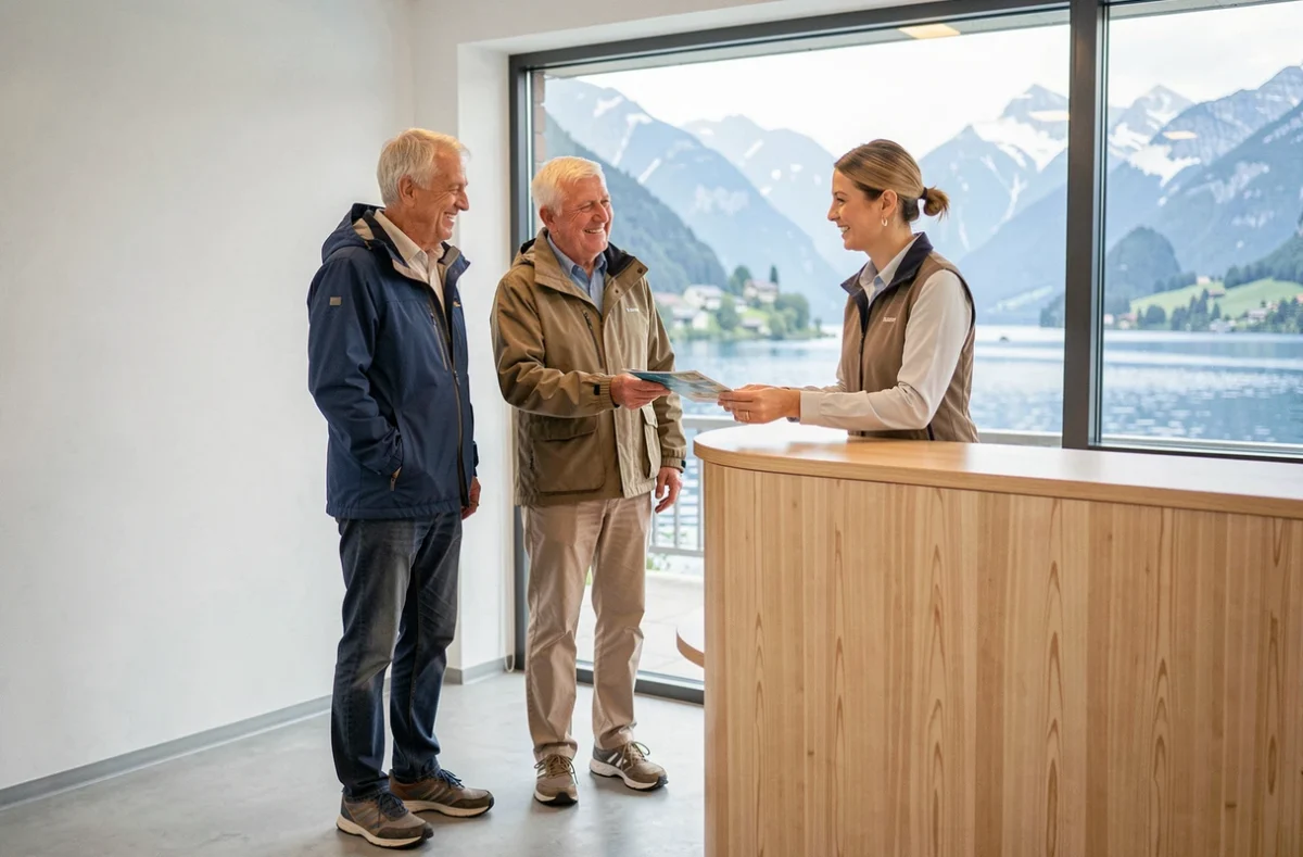 Couple de seniors à l'accueil de la résidence Domitys Annecy avec vue sur le lac en arrière-plan