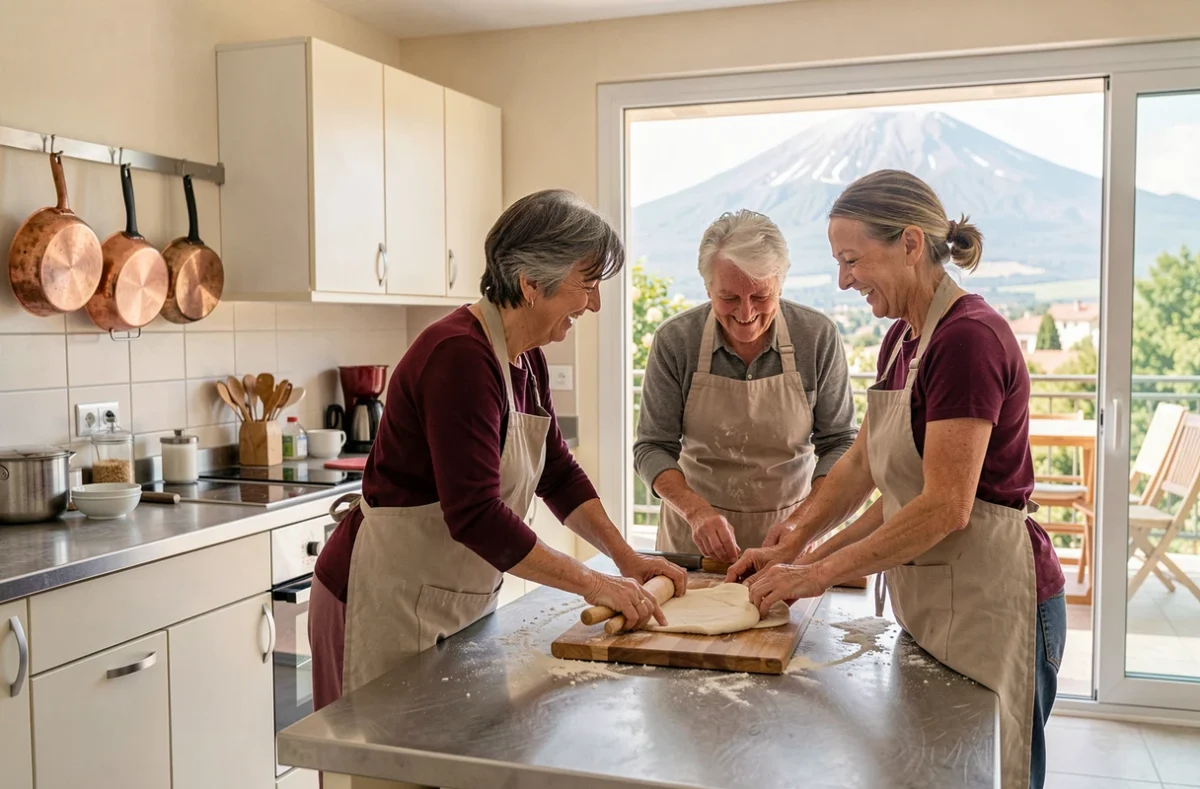 Atelier cuisine pour seniors dans la résidence Domitys Clermont-Ferrand avec vue sur les volcans d'Auvergne