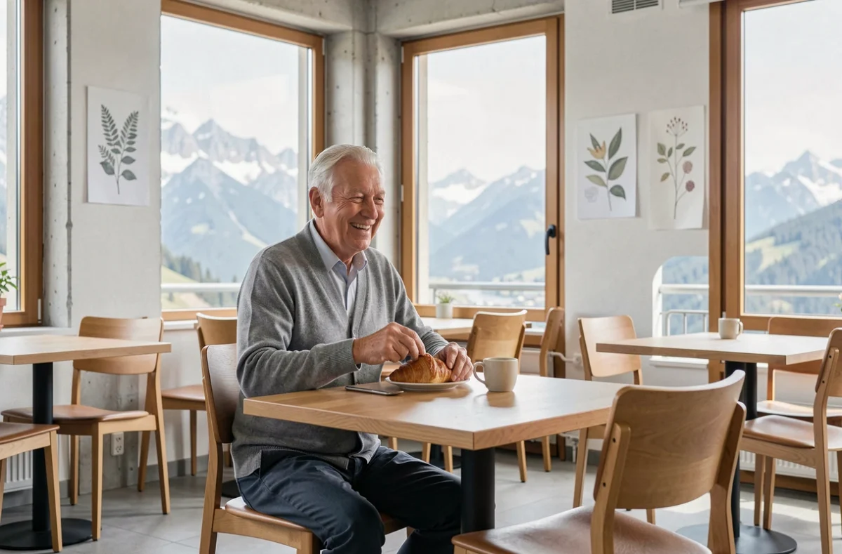 Senior savourant son petit-déjeuner dans la salle de restauration de Domitys Grenoble avec vue sur les Alpes
