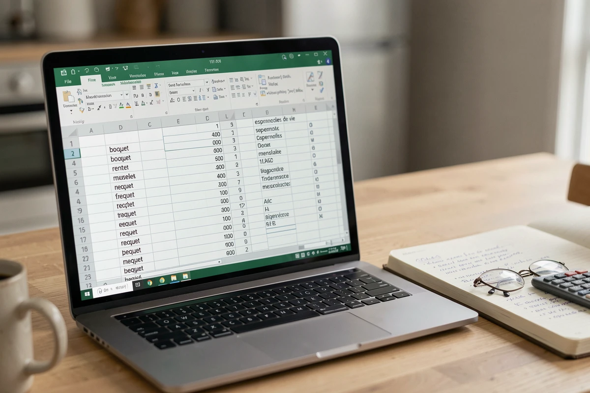 Gros plan d'un écran Excel affichant un simulateur viager avec bouquet et rente mensuelle, accompagné d'un cahier de notes et d'une calculatrice