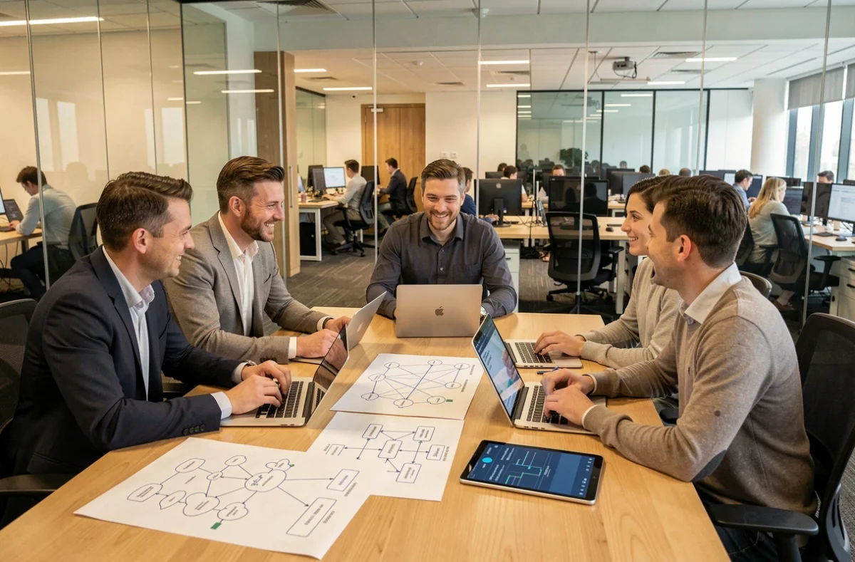 Équipe informatique en réunion stratégique autour de schémas d'architecture cloud et tableaux de bord numériques dans une entreprise de distribution d'énergie