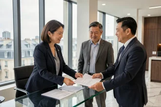 Agent immobilière de prestige présentant une estimation immobilière à des acheteurs internationaux dans un bureau moderne