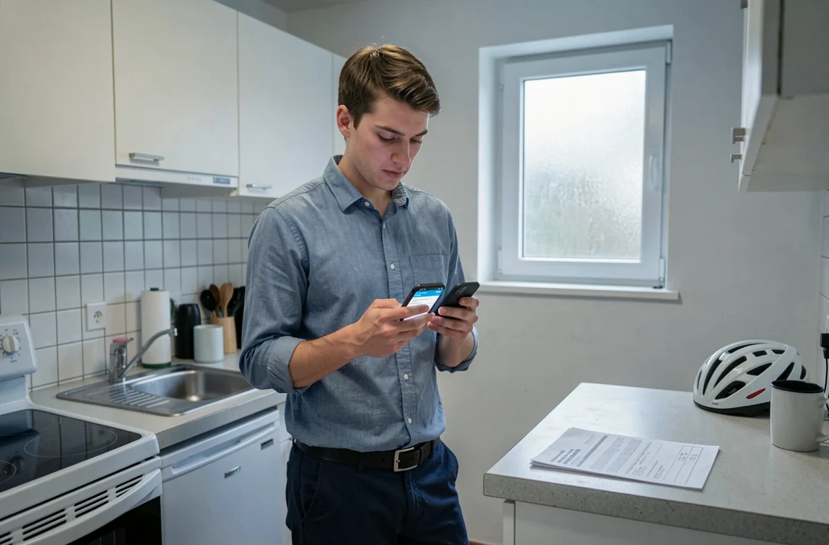 Jeune homme étudiant consultant un comparateur d'assurance habitation sur son smartphone