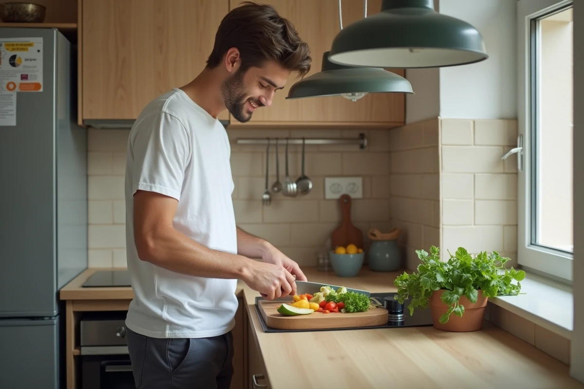 Étudiant en train de cuisiner dans la kitchenette de son studio en résidence BIS, montrant l'autonomie du logement étudiant