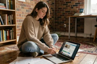 Étudiante comparant des assurances habitation sur son ordinateur portable dans son appartement