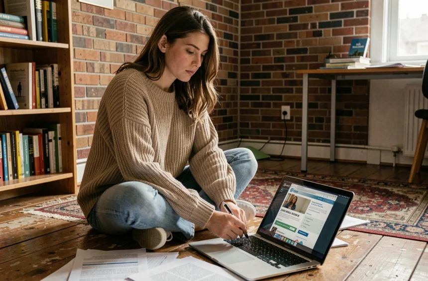 Étudiante comparant des assurances habitation sur son ordinateur portable dans son appartement