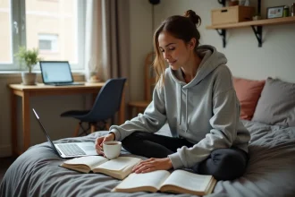 Étudiante installée dans son studio BIS entourée de livres et d'un ordinateur portable, illustrant la vie quotidienne en résidence étudiante
