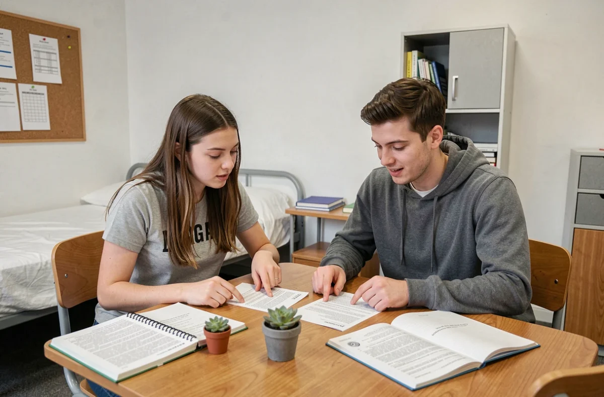 Deux étudiants comparant des contrats d'assurance habitation ensemble dans une chambre universitaire