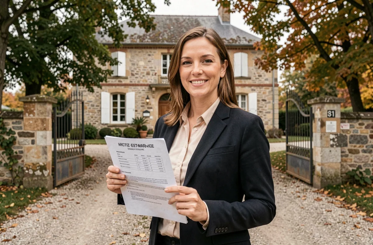 Diagnostiqueure EX'IM Diagnostic Seine-et-Marne présentant un rapport de diagnostic devant une maison en pierre