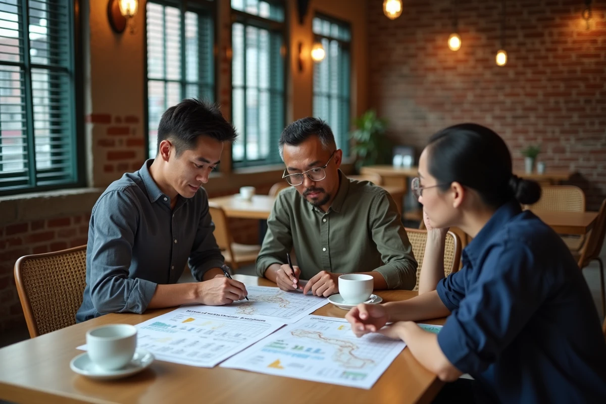 Trois expatriés analysent ensemble un tableau comparatif de prix de condos en Thaïlande dans un café coworking à Bangkok