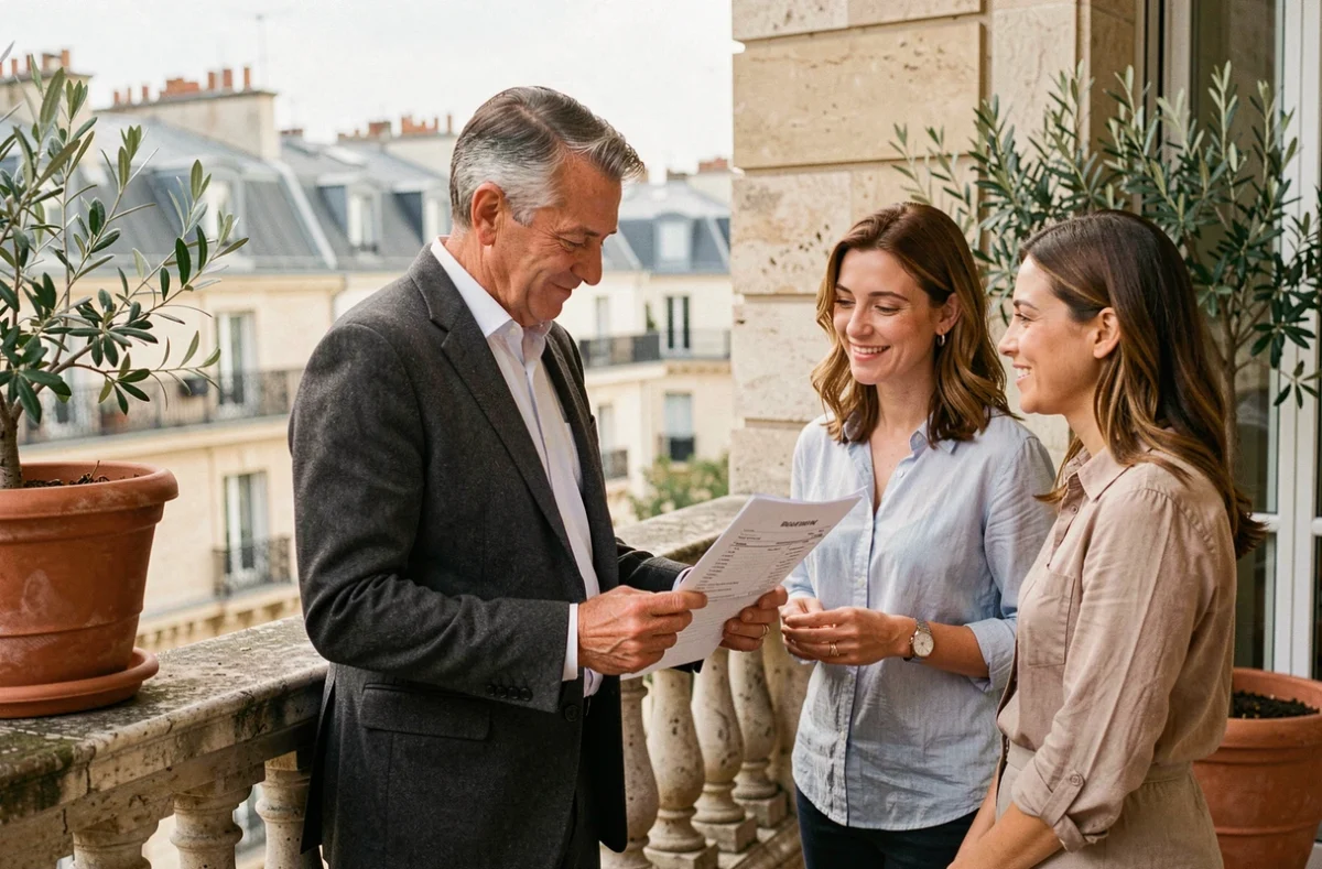 Expert en estimation immobilière de prestige discutant d'une évaluation avec des clients internationaux sur un balcon haussmannien