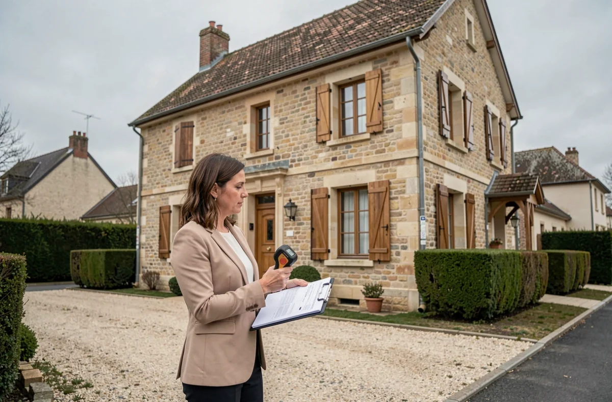Experte immobilière évaluant la façade d'une maison en pierre avec un presse-papiers lors d'une estimation sur site