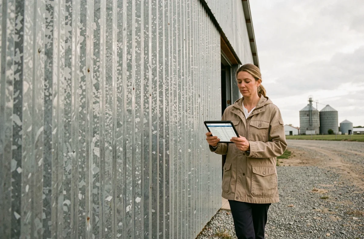 Façade extérieure d'un hangar agricole métallique avec une consultante tenant une tablette affichant une estimation de prix au mètre carré