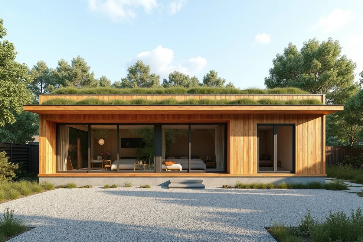 Façade d'une maison ossature bois terminée avec bardage bois naturel et toit végétalisé