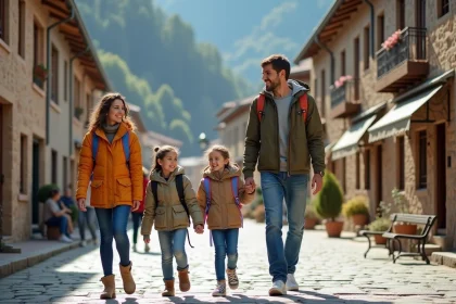 Famille avec enfants se promenant dans une rue piétonne d'un village andorran entouré de montagnes