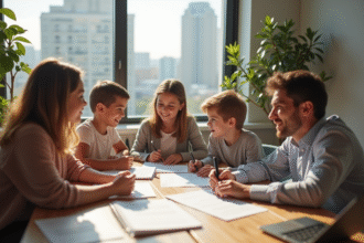Famille signant aide logement avec assistante sociale