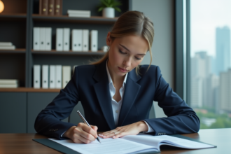 Femme d'affaires en costume navy prenant des notes lors d'une réunion