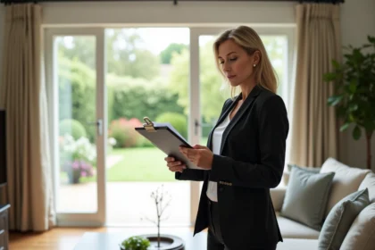 Femme d affaires en tenue élégante examine un dossier immobilier