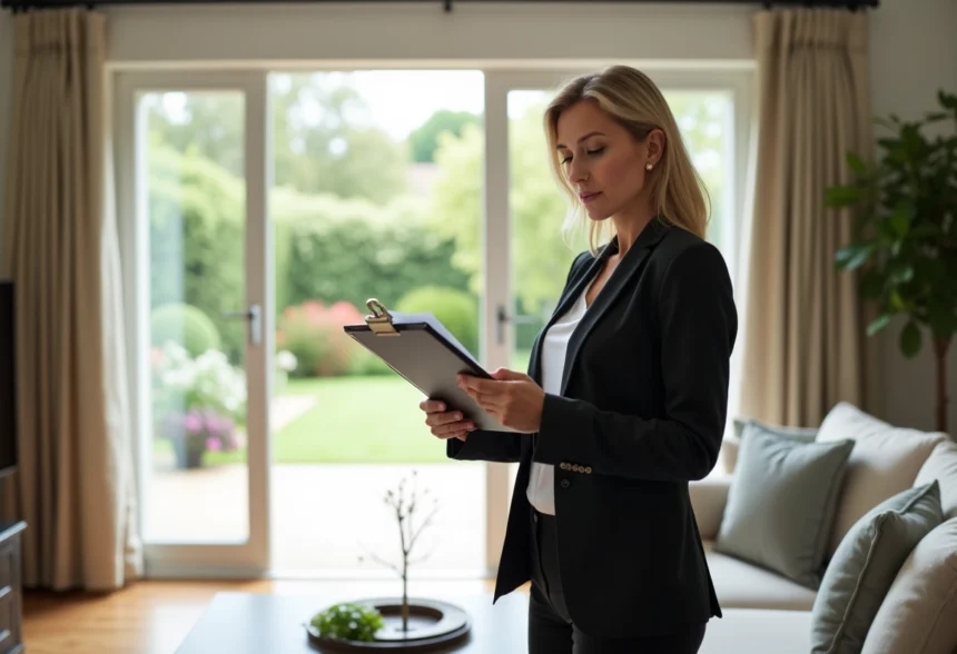 Femme d affaires en tenue élégante examine un dossier immobilier