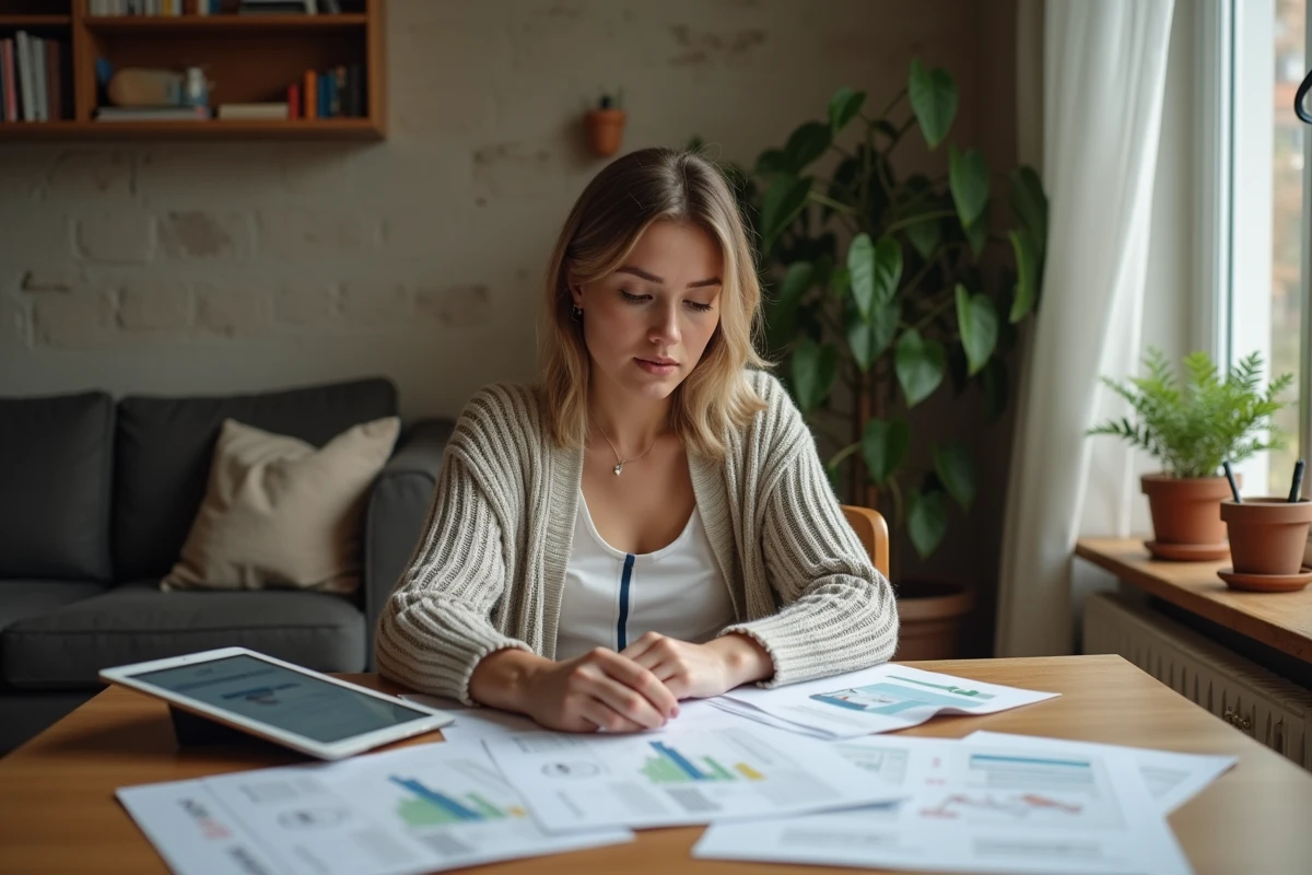Jeune femme examinant des rapports immobiliers à la maison