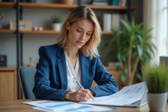 Femme en blazer bleu analysant des documents financiers à son bureau