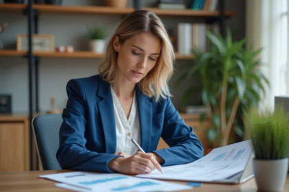Femme en blazer bleu analysant des documents financiers à son bureau