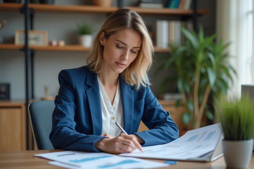 Femme en blazer bleu analysant des documents financiers à son bureau