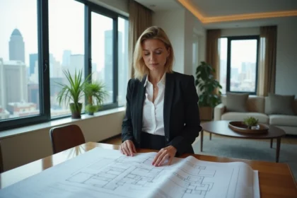 Femme d'affaires examine des plans dans un appartement moderne