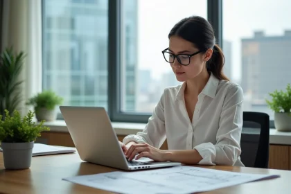 Femme architecte au bureau étudie des plans