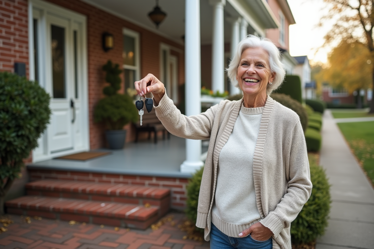 Femme avec clés devant sa maison en extérieur