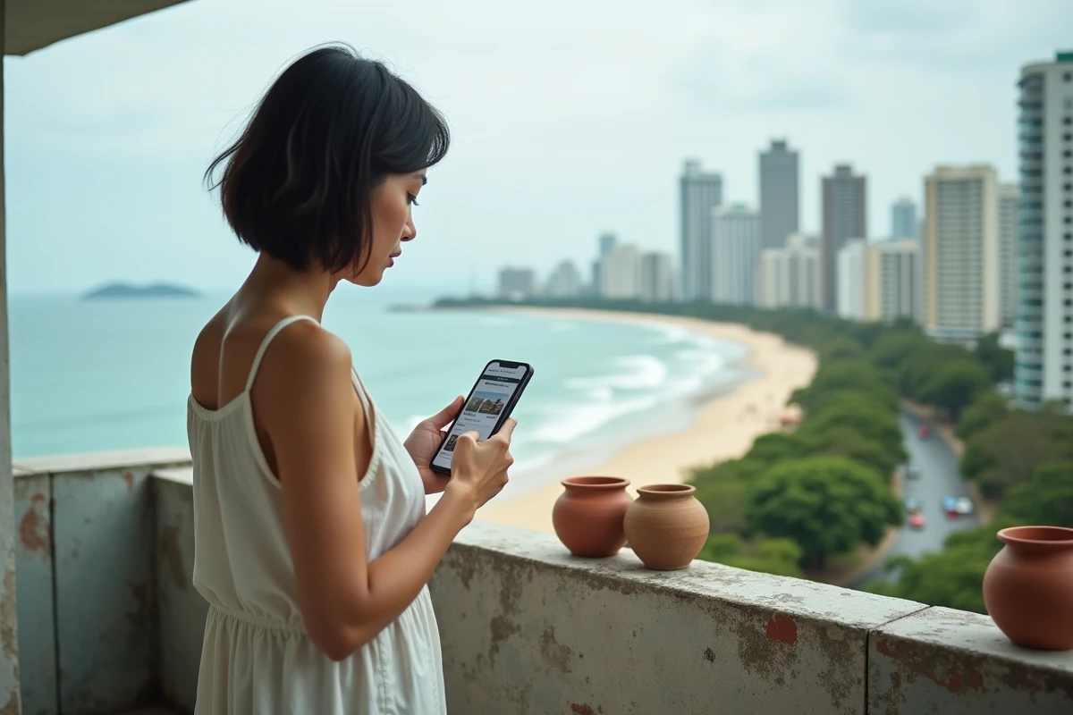 Une femme consulte une application immobilière sur son téléphone depuis le balcon d'un condo abordable en bord de mer en Thaïlande