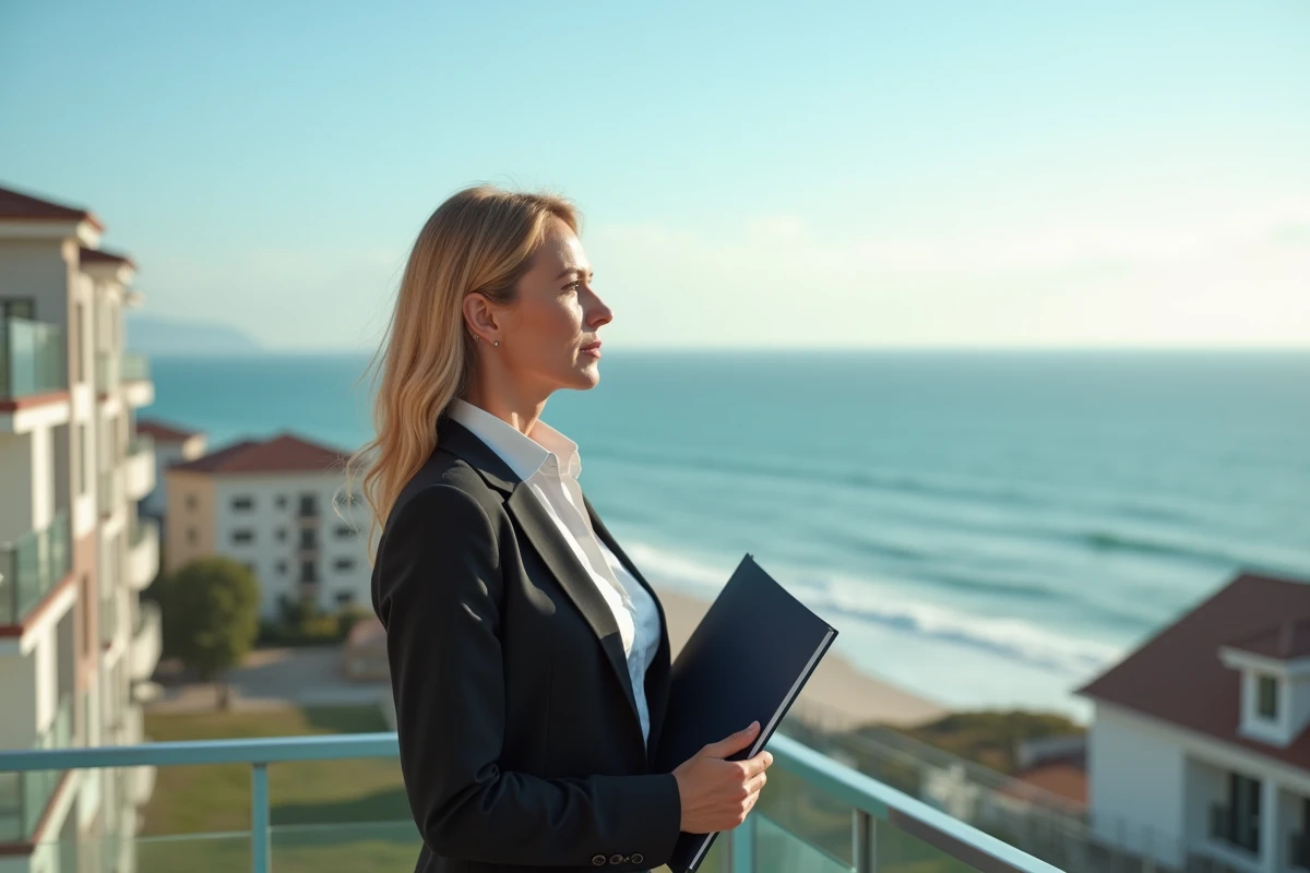 Femme méditant sur un balcon face à la mer