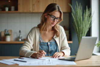 Femme en jeans et pull calcule les coûts de rénovation