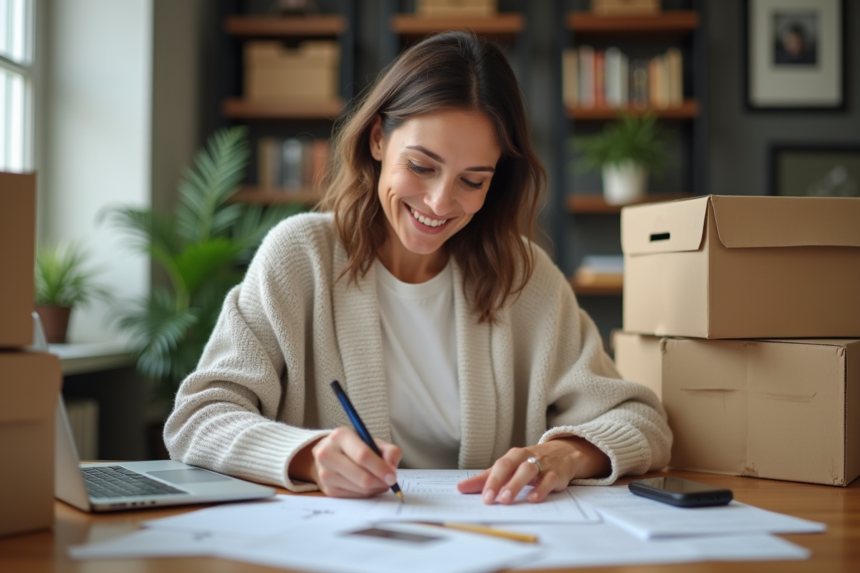 Femme d'âge moyen remplissant un formulaire de changement d'adresse à son bureau à domicile