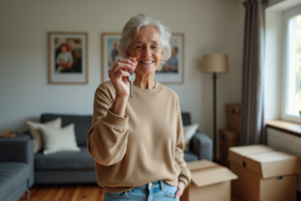 Femme souriante tenant des clés dans son salon moderne