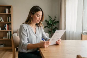 Femme lisant un contrat d'assurance habitation à la table de son appartement en location