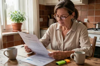 Femme consultant son contrat d'assurance habitation à la table de cuisine, stylo en main, avant souscription