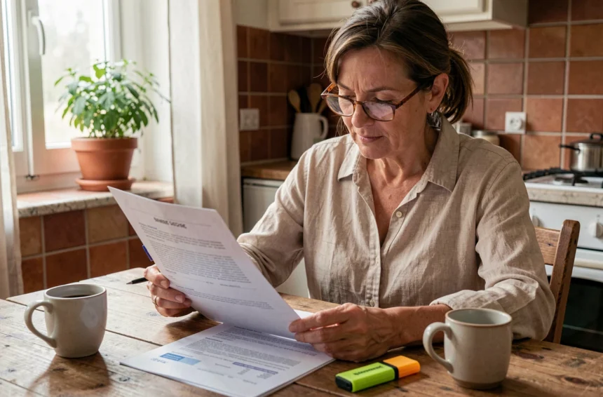 Femme consultant son contrat d'assurance habitation à la table de cuisine, stylo en main, avant souscription