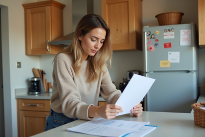 Femme examinant des documents d'assurance à la maison