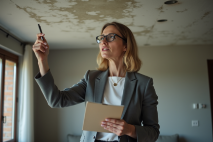Femme d affaires examine des taches d eau au plafond