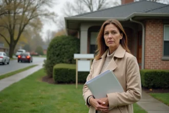 Femme seule devant une maison à vendre avec panneau d'agence immobilière lors d'une vente urgente pour divorce