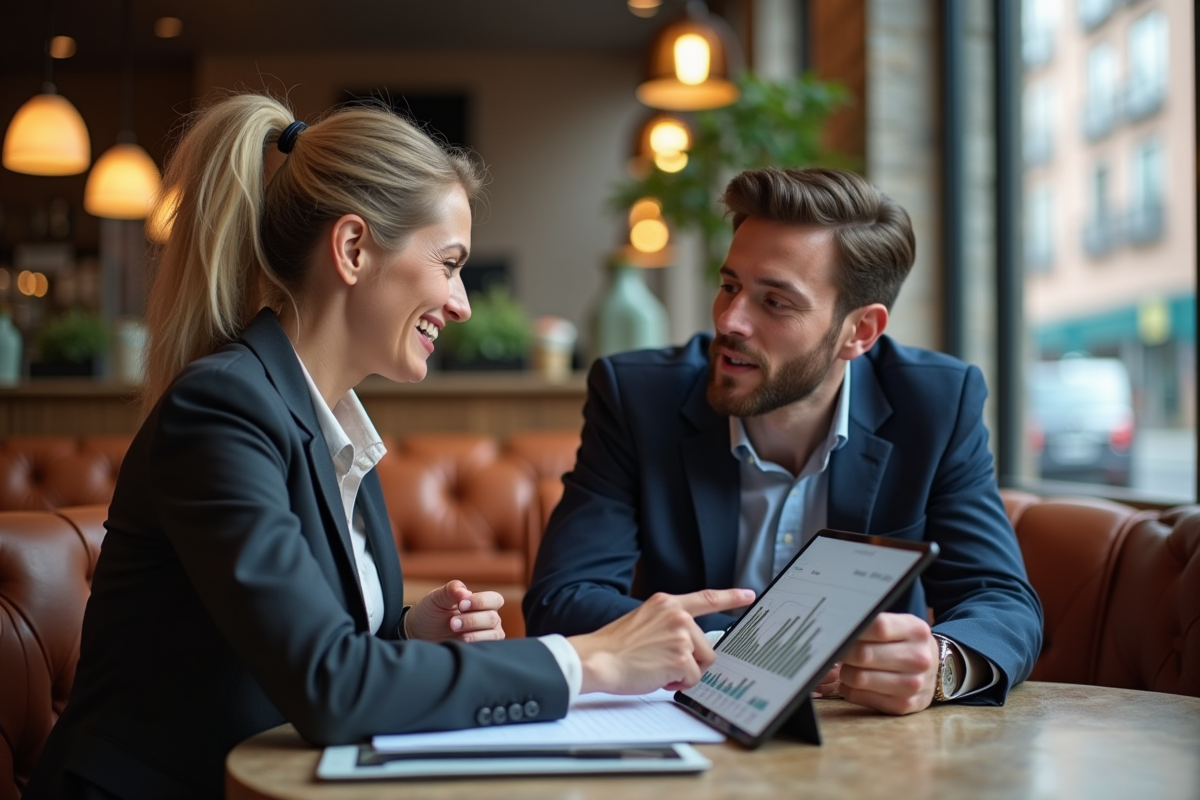 Femme confiante discutant avec un conseiller financier dans un café urbain