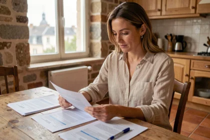 Femme consultant des documents d'assurance habitation dans un appartement à Reims