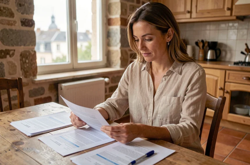 Femme consultant des documents d'assurance habitation dans un appartement à Reims