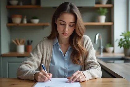 Jeune femme remplit un formulaire de logement à la maison