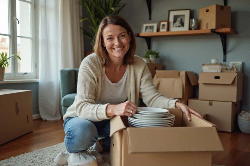 Femme souriante emballant de la vaisselle dans un appartement cosy