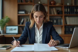 Femme entrepreneur étudiant des documents juridiques pour créer une SCI seule afin de louer un bien immobilier